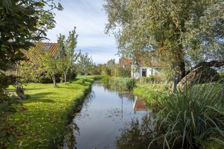 Foto van sloot met aan weerskanten huizen en bomen